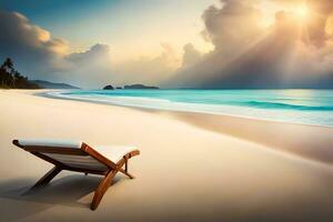 une chaise est assis sur le plage à le coucher du soleil. généré par ai photo