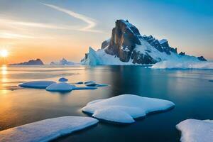 le Soleil ensembles plus de un iceberg dans le océan. généré par ai photo