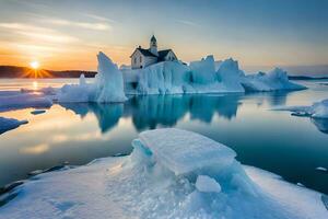 le Soleil ensembles plus de un iceberg dans le milieu de le océan. généré par ai photo