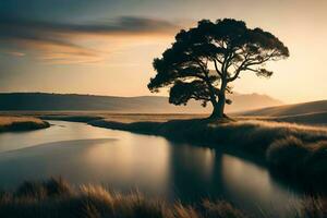 une seul arbre des stands dans le milieu de une rivière. généré par ai photo