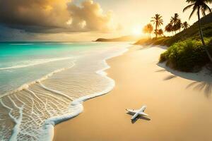 une avion sur une plage avec paume des arbres et une le coucher du soleil. généré par ai photo