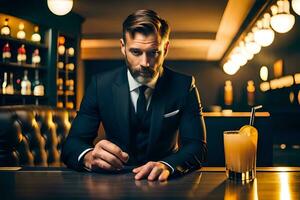 une homme dans une costume séance à une bar avec une boire. généré par ai photo