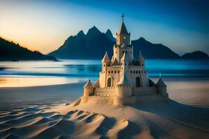 une le sable Château sur le plage à le coucher du soleil. généré par ai photo