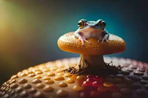 une grenouille séance sur Haut de une champignon. généré par ai photo