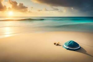 le coucher du soleil sur le plage avec une bleu parapluie et des lunettes de soleil. généré par ai photo