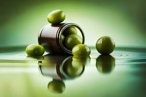olive pétrole pot avec vert Olives sur l'eau. généré par ai photo