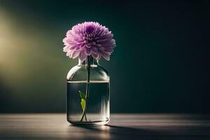 une Célibataire violet fleur est dans une verre vase. généré par ai photo