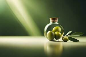 Olives dans une verre bouteille sur une tableau. généré par ai photo