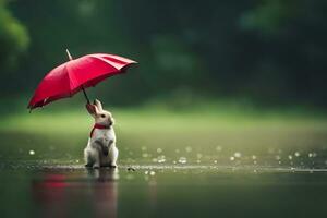 une lapin avec un parapluie permanent dans le pluie. généré par ai photo