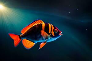 un Orange et noir poisson avec une brillant lumière. généré par ai photo