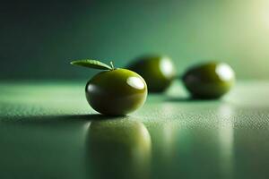 Trois vert Olives sur une table avec une vert Contexte. généré par ai photo