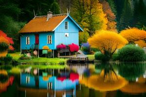 coloré maison par le Lac avec coloré des arbres. généré par ai photo