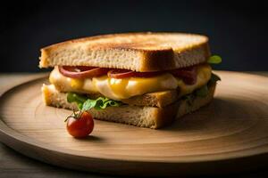 une grillé fromage sandwich avec tomates et fromage sur une en bois plaque. généré par ai photo