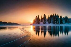 une magnifique le coucher du soleil plus de une Lac avec des arbres. généré par ai photo