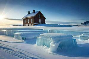 une maison dans le neige avec la glace blocs. généré par ai photo