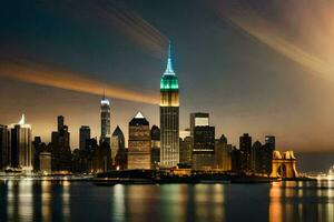 le Nouveau york ville horizon à nuit. généré par ai photo