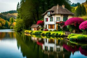 magnifique maison sur le Lac avec coloré fleurs. généré par ai photo