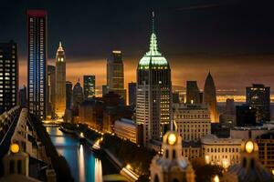 le ville horizon à nuit avec une rivière fonctionnement par il. généré par ai photo