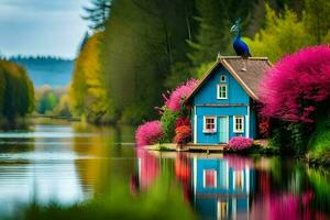 une bleu maison est assis sur le bord de une lac. généré par ai photo