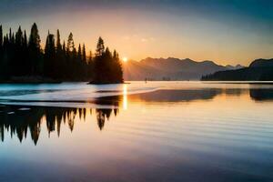 le Soleil monte plus de une Lac et montagnes. généré par ai photo