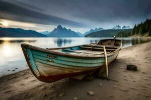 une bateau est assis sur le rive de une lac. généré par ai photo