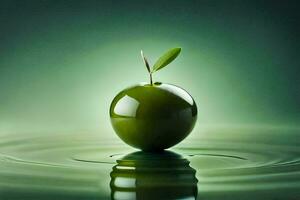 un Pomme est flottant dans l'eau avec une vert feuille. généré par ai photo