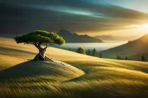 une seul arbre des stands sur une colline dans le milieu de une champ. généré par ai photo