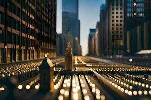 une ville avec une lot de lumières sur le rue. généré par ai photo