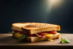 une grillé sandwich avec fromage et tomates sur une en bois planche. généré par ai photo