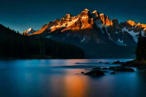 montagnes et Lac à le coucher du soleil dans le montagnes. généré par ai photo