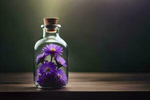violet fleurs dans une verre bouteille sur une tableau. généré par ai photo
