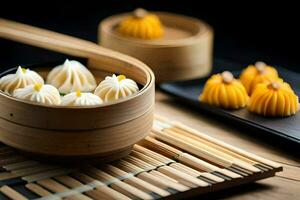 Dumplings dans bambou paniers sur une en bois tableau. généré par ai photo