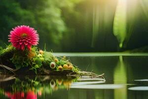 photo fond d'écran le ciel, eau, fleurs, le forêt, le soleil, le forêt, le. généré par ai