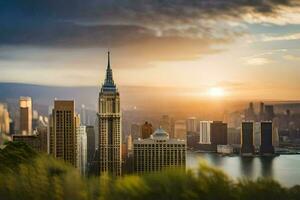le Soleil monte plus de le ville horizon dans Nouveau York. généré par ai photo