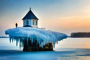 une homme des stands sur Haut de un la glace couvert phare. généré par ai photo