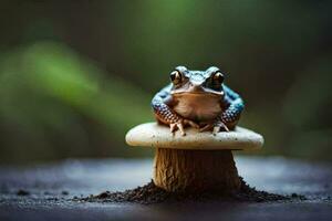 une grenouille séance sur Haut de une champignon. généré par ai photo