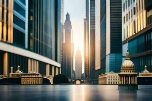 une ville avec grand bâtiments et une Fontaine dans le milieu. généré par ai photo