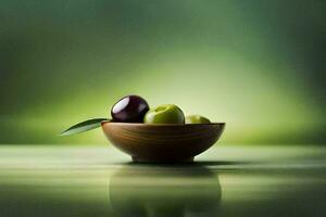 Olives dans une en bois bol sur une tableau. généré par ai photo
