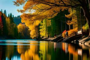 l'automne des arbres sont réfléchi dans le l'eau. généré par ai photo