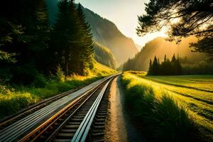 chemin de fer des pistes dans le montagnes à le coucher du soleil. généré par ai photo