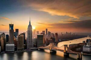 le Soleil ensembles plus de le Nouveau york ville ligne d'horizon. généré par ai photo