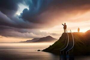 une homme des stands sur une pont plus de l'eau avec une orage dans le Contexte. généré par ai photo