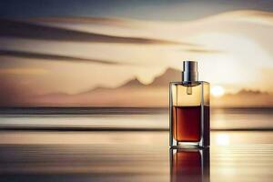 parfum bouteille sur le plage, coucher de soleil, eau, paysage, HD fond d'écran. généré par ai photo