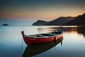 une rouge bateau est assis sur le l'eau à le coucher du soleil. généré par ai photo