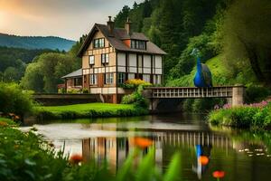 une maison est assis sur une petit pont plus de une rivière. généré par ai photo