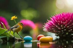 une oiseau est assis sur une fleur et une coloré œuf. généré par ai photo