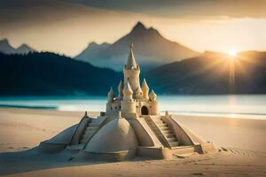 une le sable Château sur le plage avec montagnes dans le Contexte. généré par ai photo