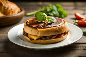 une Hamburger avec fromage et Viande sur une blanc plaque. généré par ai photo