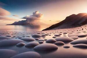 une magnifique le coucher du soleil plus de une plage avec rochers. généré par ai photo