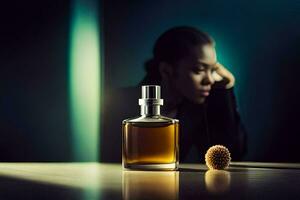 une femme séance suivant à une bouteille de parfum. généré par ai photo